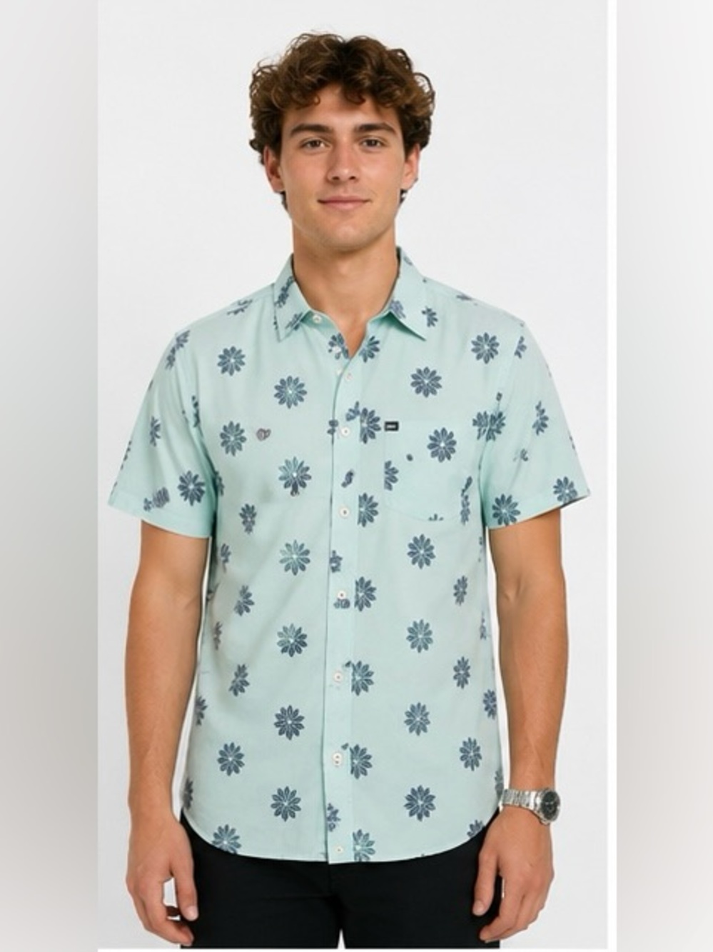 Hurley Mint Green Short Sleeve Button-Up with Navy Floral Print
